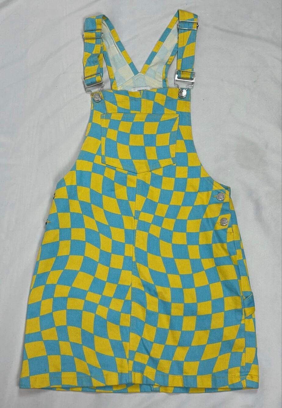 Forever 21 Wavy Checkerboard Denim Overall Dress Blue Yellow Sz Y2K